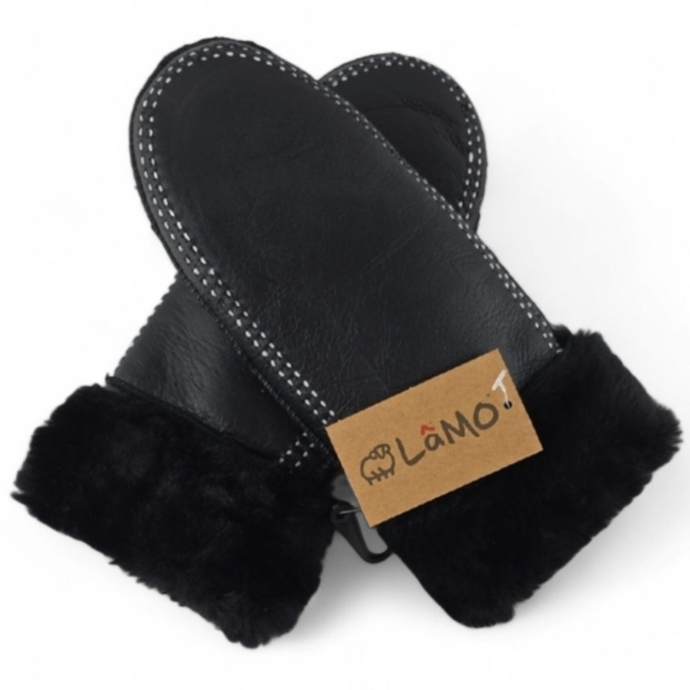 NWT LAMO Women's Black 100% Premium Australian Sheepskin Mittens Stitch Size M